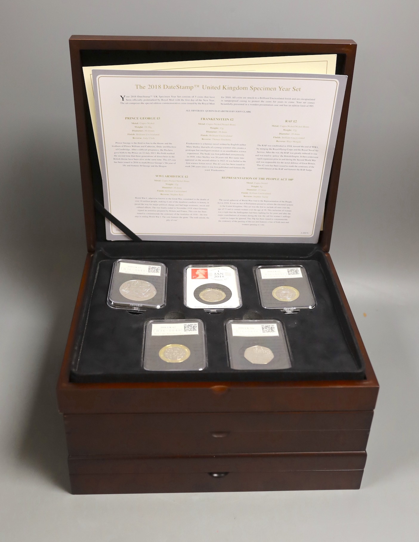 UK uncirculated commemorative 50p, £1, £2 and £5 coins, issued by DateStamp and coin portfolio management, cased or packaged
